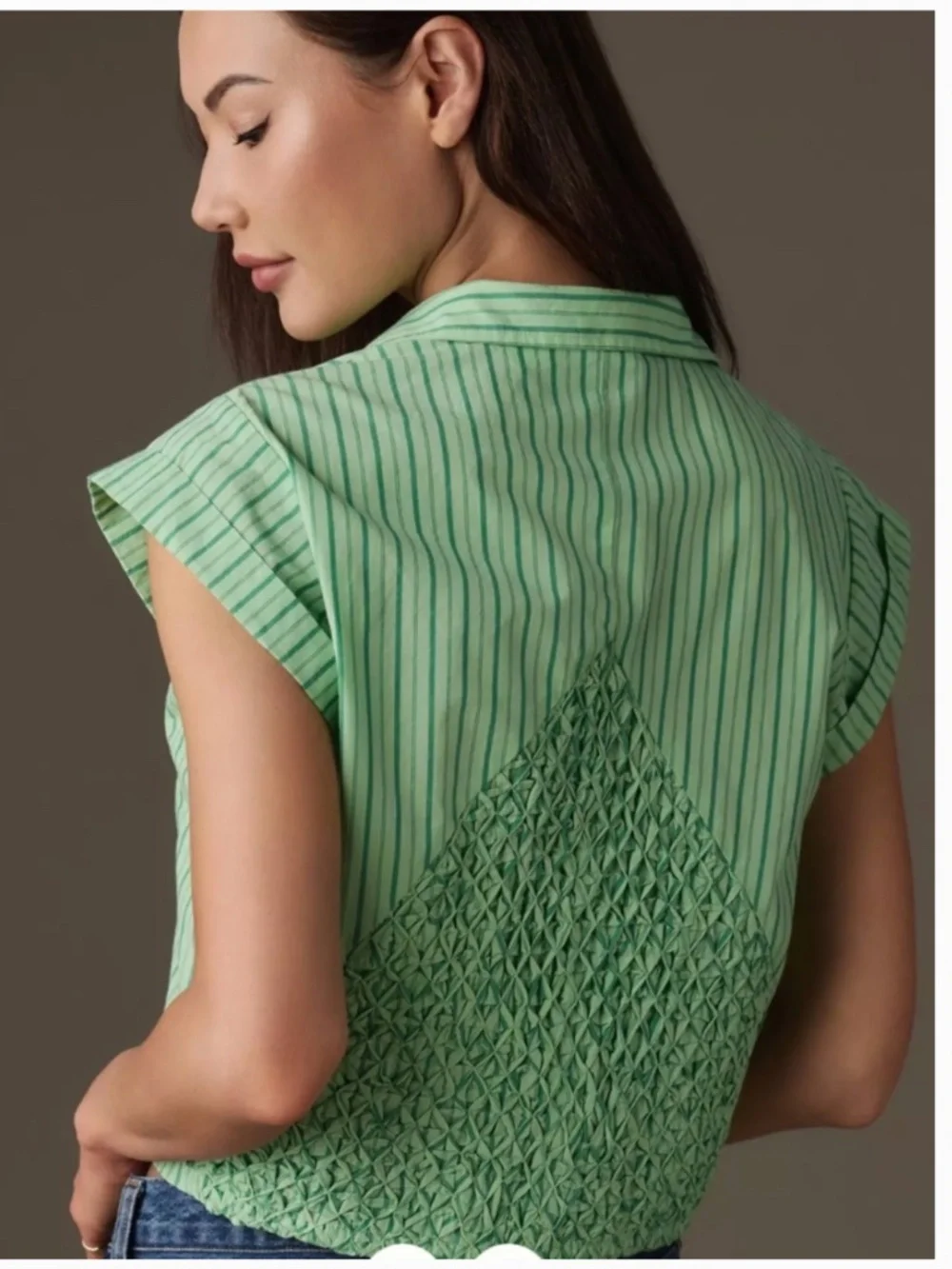 Maeve Collared Shrunken Button Down Blouse in Green Striped Size Large - Picture 2 of 7